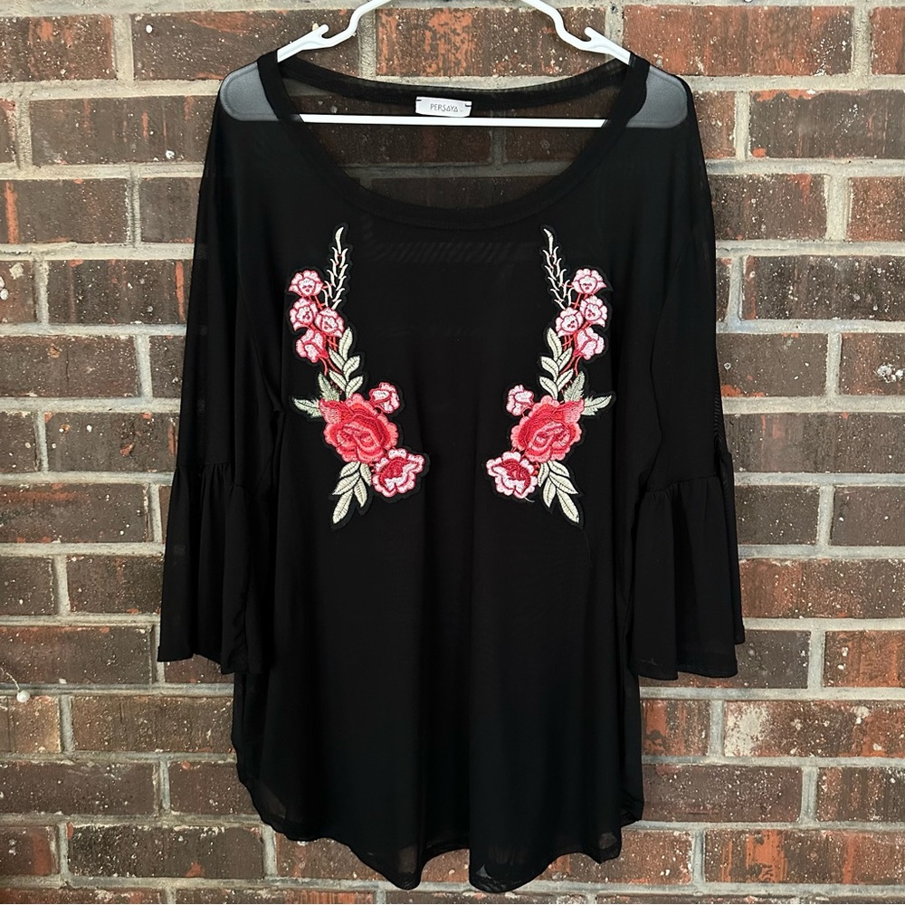 Black Mesh Flowy Sleeve Persaya Top with Floral Appliqué